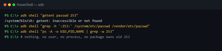 ADB terminal output showing no user, process, or package exists for UID 253