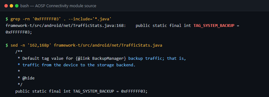 AOSP source code search result showing the TAG_SYSTEM_BACKUP constant in TrafficStats.java